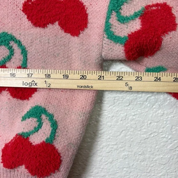 Womens Pink Cherry Print Long Sleeve Crew Neck Knit Crop Top Sweater - Picture 7 of 7